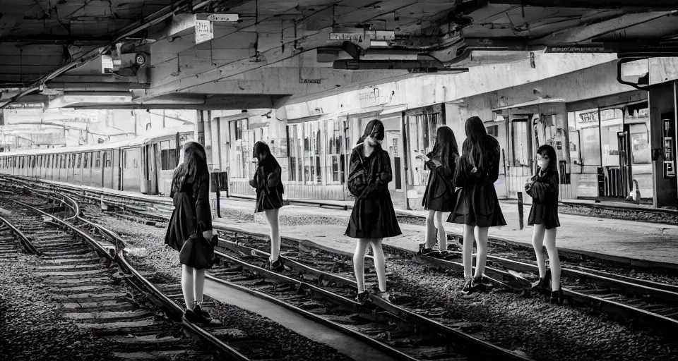 Image similar to School girls waiting on a urban train station, gloomy and misterious atmosphere