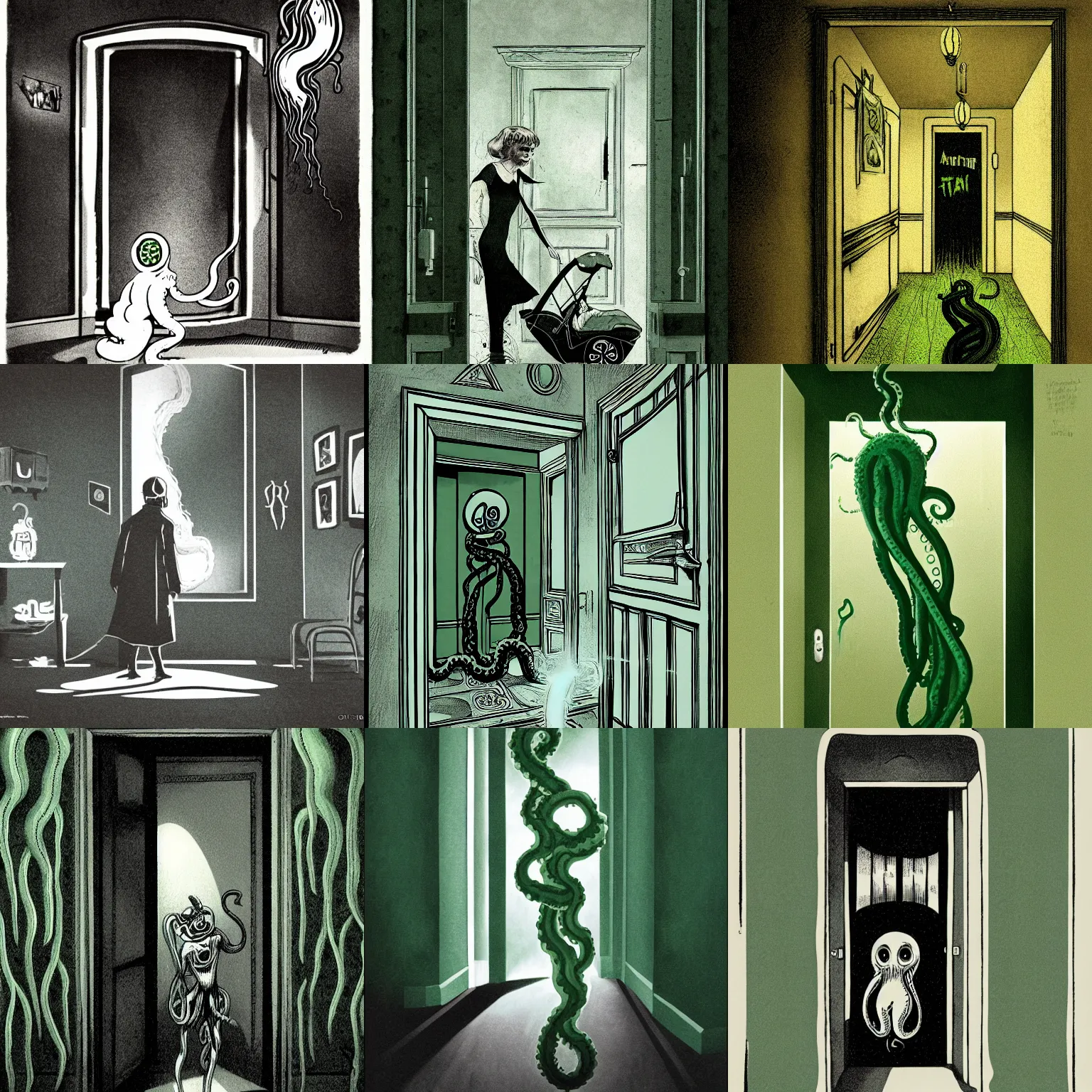 Prompt: a 1920s horror illustration of a tentacle entering in a green room with paper walls by the door, with backlight, seeing a baby stroller, love craft, chtulhu, terror, 8k, artstation, pulp, hyper realistic, photo