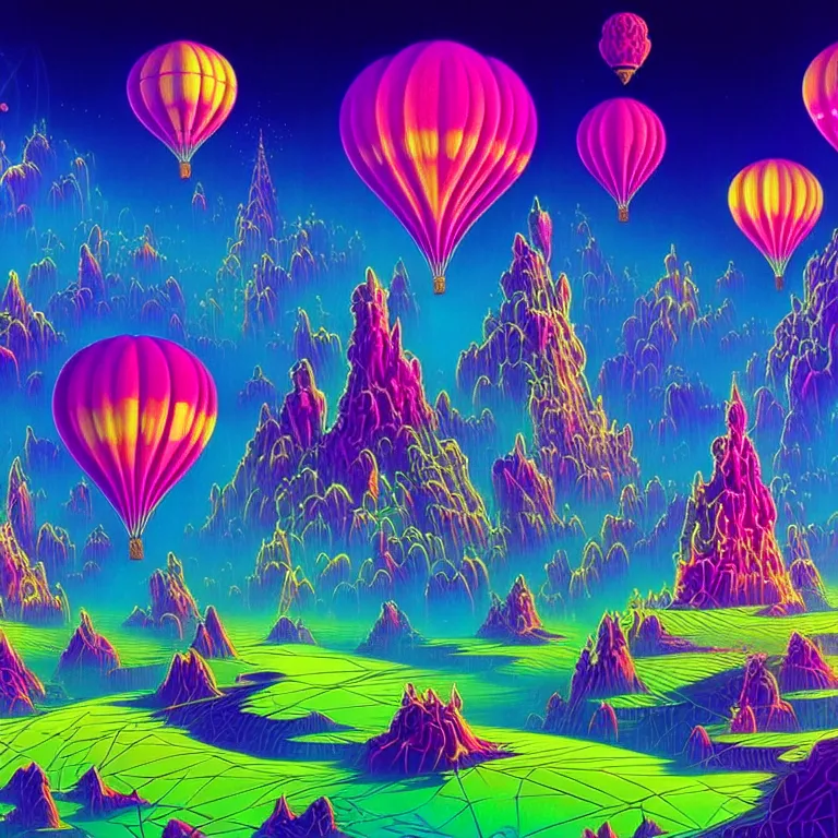 Prompt: mysterious balloons over mystical crystal temple, infinite fractal tesseract, quantum waves, synthwave, bright neon colors, highly detailed, cinematic, eyvind earle, tim white, philippe druillet, roger dean, ernst haeckel, lisa frank, aubrey beardsley, kubrick