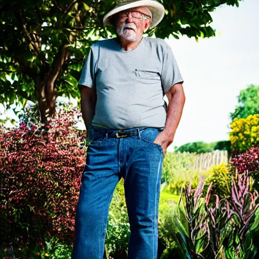 Image similar to portrait of an old man in with short grey hair and no beard wearing a straw hat standing in a garden, yellow t shirt, jeans, brown leather shoes, photography, high detail,