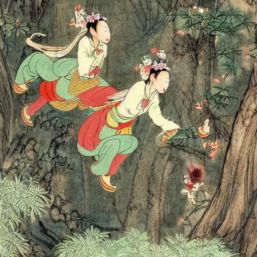 Prompt: chinese fairytale story of ginseng fairies playing and jumping around in the deep forest