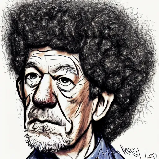 Image similar to a realistic yet scraggly portrait sketch of the side profile of a stern and sophisticated ian mckellen wearing an afro wig, colorized by lisa frank, intricate details, in the style of frank auerbach, in the style of sergio aragones, in the style of martin ansin, in the style of david aja, in the style of mattias adolfsson