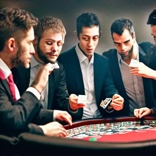 Image similar to 8 monkeys playing poker at a poker table smoking cigarettes and dressed in suits, 4 k, hyper realistic, dslr, high resolution, landscape, beautiful