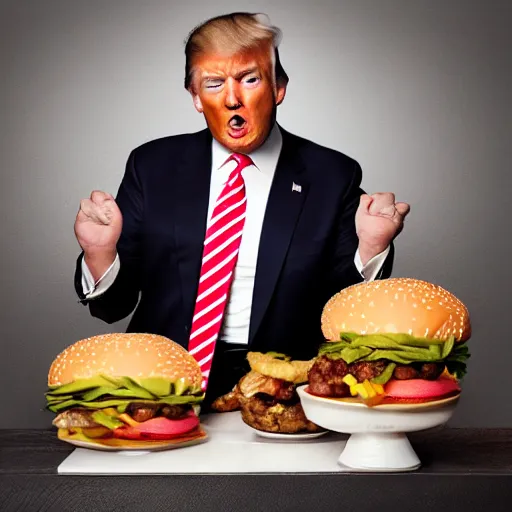 Image similar to donald trump eating an entire bowl filled with burgers, studio portrait photo, studio lighting, key light, food photography