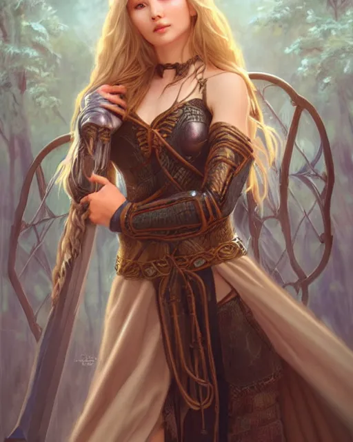 Prompt: beautiful cottagecore mage blonde braided hair chungha opening a portal gate, heavy cloak leather armor chemise, mountain, fantasy character portrait, ultra realistic, intricate, elegant, highly detailed, digital painting, artstaion, smooth, sharp, focus, illustration, art by artgerm and greg rutkowski and alphonse mucha