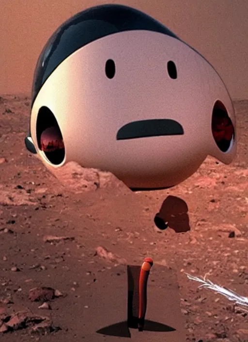 Image similar to big headed child elon mask on mars holding a small toy rocket