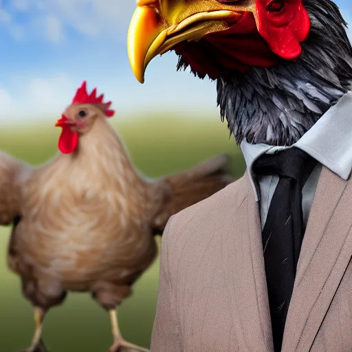 Image similar to a high quality photo of a chicken wearing a suit, 8k, digital art