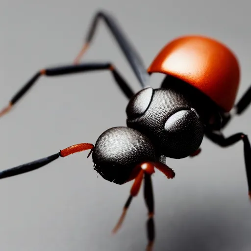 Prompt: a tiny robot ant drone on someone's head. macro photograph.