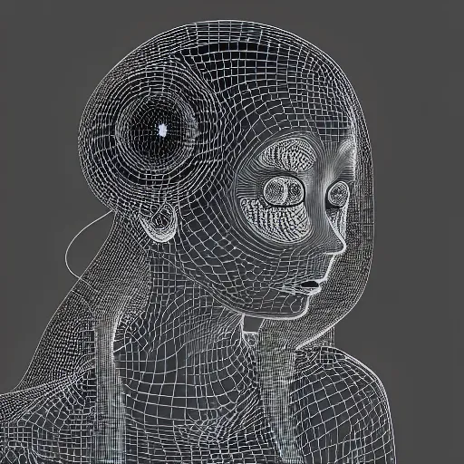 Image similar to holographic headset interface painted in alex grey and chris dyer style drawn by takato yamamoto, inspired by ooioo and sorayama and ikeuchi, intricate 3 d sculpture, black and white, 3 d, high detail, sharp high detail, artstation, octane