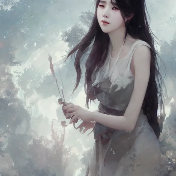 Image similar to IU, Korean Idol, Korean Artist, very detailed, digital art, concept art, studio quality, ethereal, art style by Greg Rutkowski