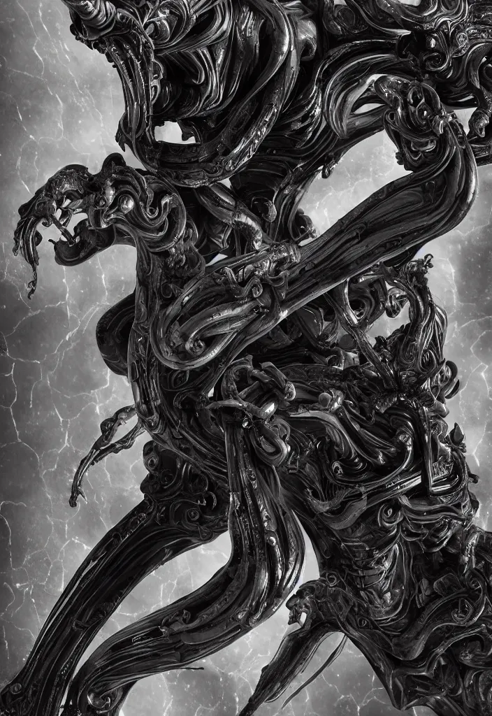 Prompt: engineer prometheus, xenomorph alien, highly detailed, symmetrical long head, smooth marble surfaces, detailed ink illustration, raiden metal gear, cinematic smooth stone, deep aesthetic, concept art, post process, 4k, carved marble texture and silk cloth, latex skin, highly ornate intricate details, prometheus, evil, moody lighting, hr geiger, hayao miyazaki, indsutrial Steampunk