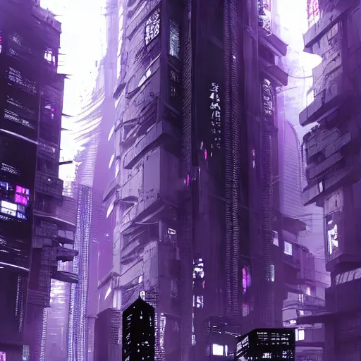 Image similar to Futuristic Concrete Dense Tokyo in style of Tsutomu Nihei in purple and black tones. ArtStation, Cyberpunk, vertical symmetry, 8K, Highly Detailed, Intricate, Album Art.