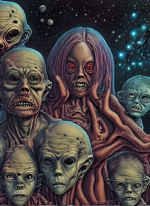 Image similar to detailed image of a creepy family in the deep space by richard corben, rich deep colors. masterpiece . intricate artwork, cinematic, hyper realism, high detail, unreal engine, 8k, Smooth gradients, High contrast, depth of field, fishes eye. full body character drawing, clean ink detailed line drawing, intricate detail, extremely detailed.