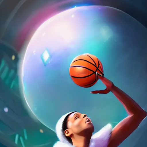 Image similar to a basketball player goddess rolling a planet on finger like a ball in space, highly detailed, digital painting, artstation, octane render, concept art, matte, sharp focus, illustration