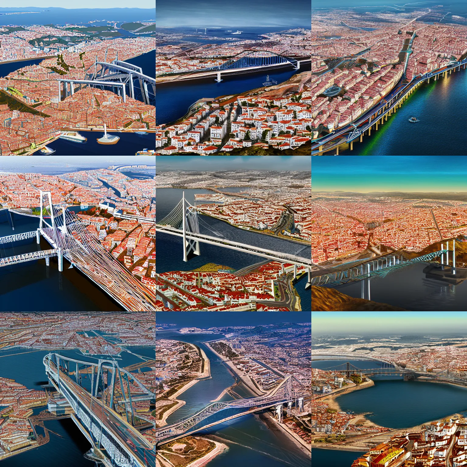 Prompt: almada city in portugal from above, cristo rei, 2 5 de abril bridge, ponte 2 5 de abril, beautiful, detailed, concept art illustration, color page, tone mapping, volumetric lighting, sunbeams, particles