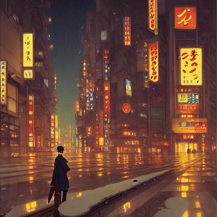 Image similar to empty tokyo at night, winter, in the style of studio ghibli, j. c. leyendecker, greg rutkowski, artem