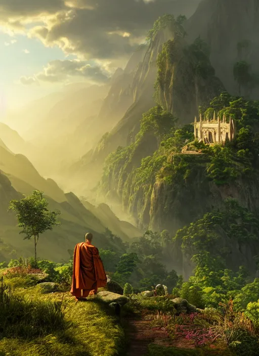 Image similar to a monk in lord of the rings scenery landscape, looking out at a vast lush valley at sunrise with a temple on a mountain in the distance, god's rays, highly detailed, vivid color, cinematic lighting, perfect composition, 8 k, gustave dore, derek zabrocki, greg rutkowski, belsinski, octane render