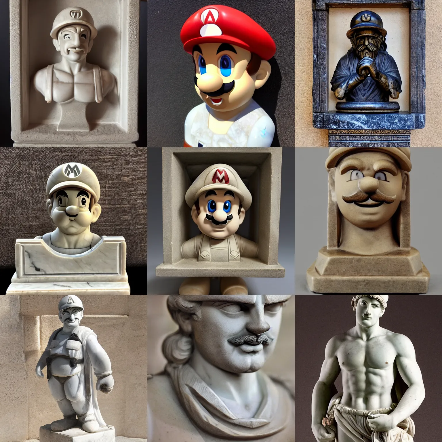 Prompt: an antique marble statue of mario from mario bros nintendo in a greek temple, portrait, 1 / 4 headshot, nintendo