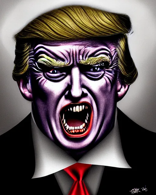 Prompt: donald trump as dracula with fangs out, character portrait, close up, concept art, intricate details, hyperrealism, photorealistic, in the style of otto dix and h. r giger