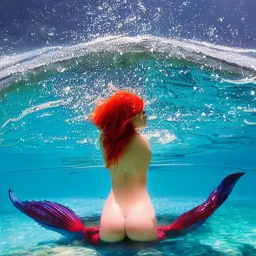 Prompt: beautiful curvy perfect mermaid under the water with flowing tail swims peacefully under the ocean surface on a warm sun filled day, her red hair trails behind her floating in the water. natural beauty gorgeous stunning photo