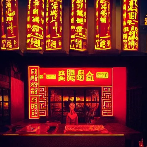 Prompt: chinese restaurant red neon lighting night time raining friday evening Bladerunner 2049. Dark glass windows. Set design by Dennis Gassner. Cinematography by Roger Deakins 1989 film photo slightly grainy.