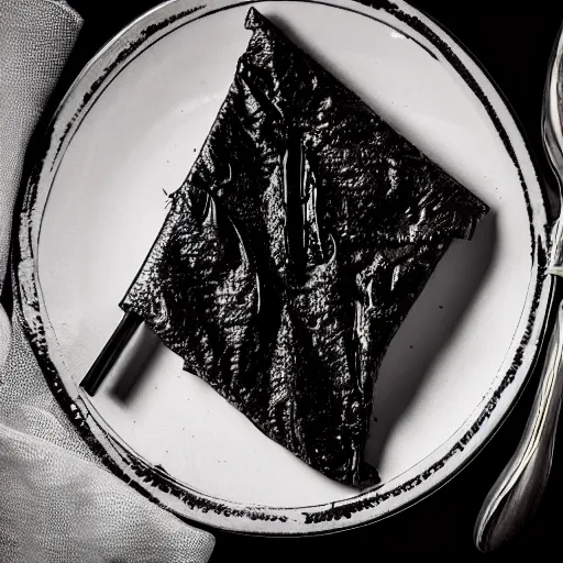 Prompt: black tar heroin and a syringe served at a fancy restaraunt on a fancy plate, gorgeous depth of field proffessional food photography