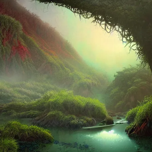Prompt: digital painting of a lush wet natural scene on an alien planet by gerald brom. digital render. detailed. beautiful landscape. colourful weird vegetation.
