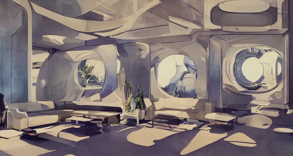 Prompt: a beautiful illustration of futuristic interior hall, lots of furniture, sofa, waiting room, big medium small, sacred geometry, golden ratio, in watercolor gouache detailed paintings, in style of syd mead, trending on artstation,8k, panel, hard surface, vent, zaha hadid, props, plant, cozy