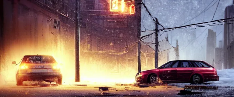 Image similar to Audi A4 B6 Avant (2002), a gritty neo-noir, dramatic lighting, cinematic, eerie person, death, homicide, homicide in the snow, viscera splattered, gunshots, establishing shot, extremely high detail, photorealistic, arson, burning city, cinematic lighting, artstation, by simon stalenhag, Max Payne (PC) (2001) winter New York at night, In the style of Max Payne 1 graphic novel, flashing lights, Poets of the Fall - Late Goodbye