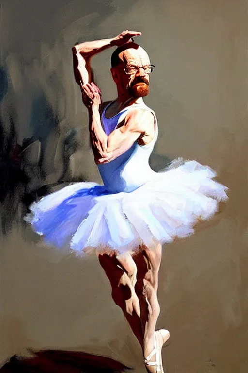 Image similar to beautiful oil painting of walter white as a ballerina by by greg manchess