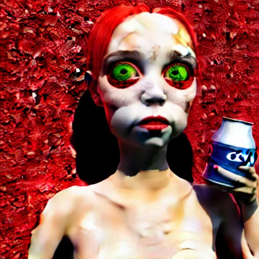 Prompt: 3 d render of the coke logo personified as a soda themed girl, large creepy eyes, extremely detailed and colorful eyes, soda themed girl, hyper detailed money sign pupils, tim burton, junji ito, her forehead has the coke logo carved into it, dollar sign pupils, extremely uncomfortable, money everywhere, cash falling, coke flood, blender 3 d, unreal engine