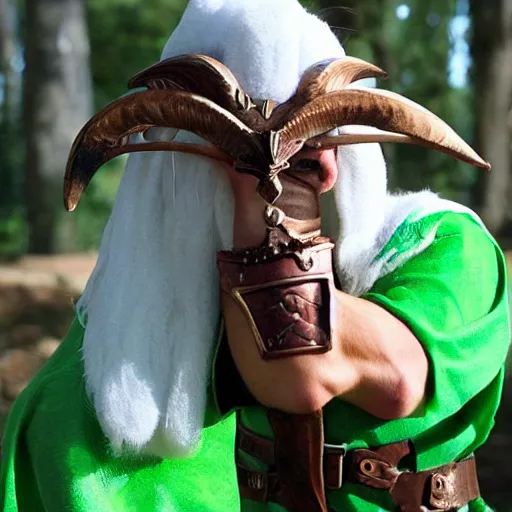 Image similar to a ram dressed up as link, realistic.