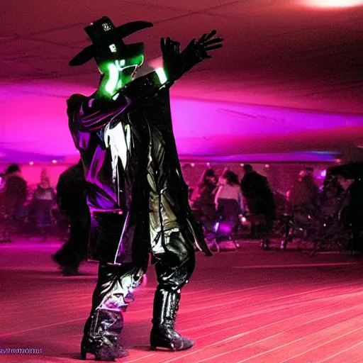 Image similar to eerie cybernetic cyberpunk cyber Jamiroquai, award winning photo, dancing