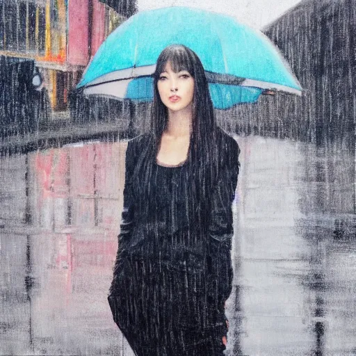 Image similar to a portrait of blackpink Lisa singer posing in the rain