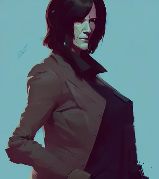 Image similar to portrait of a female john wick by atey ghailan, by greg rutkowski, by greg tocchini, by james gilleard, by joe fenton, by kaethe butcher, dynamic lighting, gradient light blue, brown, blonde cream and white color scheme, grunge aesthetic