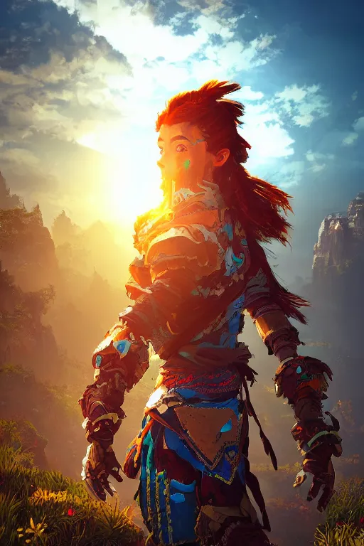 Image similar to combination suit armor aloy horizon forbidden west horizon zero dawn radiating a glowing aura global illumination ray tracing hdr fanart arstation by ian pesty and alena aenami artworks in 4 k tribal robot ninja mask helmet backpack