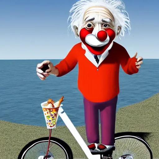 Prompt: einstein is wearing a clown outfit, he is riding a unicycle, he is eating an apple,