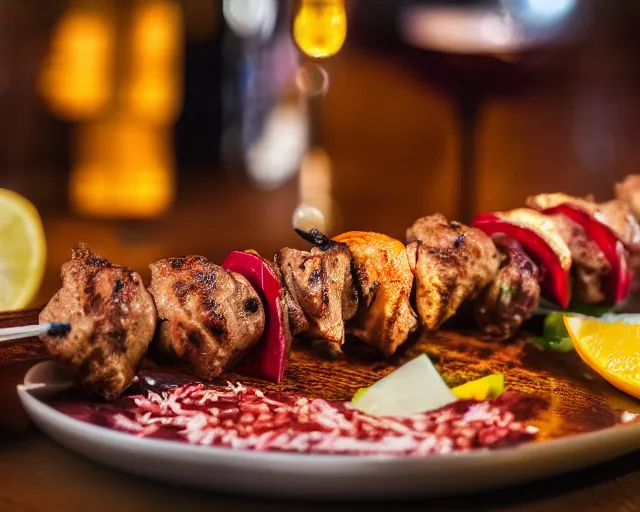 Prompt: 8 5 mm food photography of a skewer kebab of eyeballs at a restaurant with dof and bokeh and wine glasses out of focus in the background. highly detailed 8 k. intricate. lifelike. soft diffused light. nikon d 8 5 0.