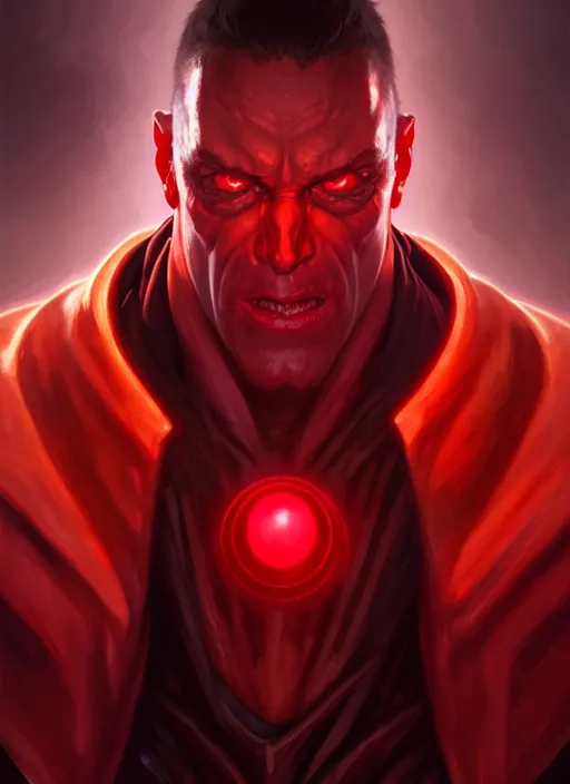 Image similar to portrait of a evil man, glowing red eyes!! muscular, leather robes! intricate, elegant, highly detailed, digital painting, artstation, concept art, smooth, sharp focus, illustration, art by artgerm and greg rutkowski and alphonse mucha