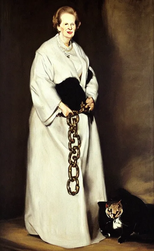 Image similar to an oil portrait of margaret thatcher in ceremonial robe keeping chained distressed servals at her feet, high quality, artstation, higly detailed, art by velaquez rubens and francisco goya, dark lighting