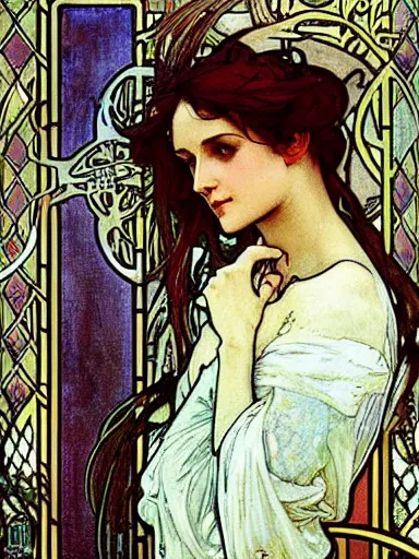 Image similar to a beautiful painting of a lady by Alphonse Mucha and by Mark Brooks and by john william waterhouse and by arthur rackham, Art Nouveau, Neo-Gothic, gothic, award winning painting, hyperdetailed, detailed