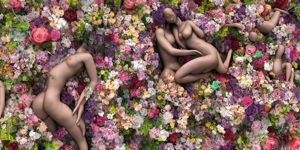 Image similar to a sculpture of human bodies intertwined, a lovely cornucopia of flowers and human body parts, body parts, highly detailed, octane render, cinematic ， - h 7 6 8