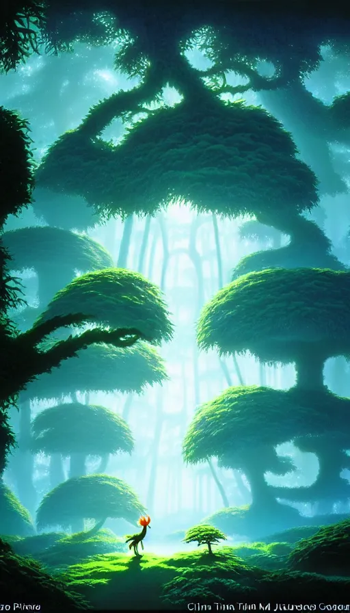 Prompt: a tree in a forest of ori in the blind forest, studio ghibli, painted by tim white, michael whelan, j. c. 8 k