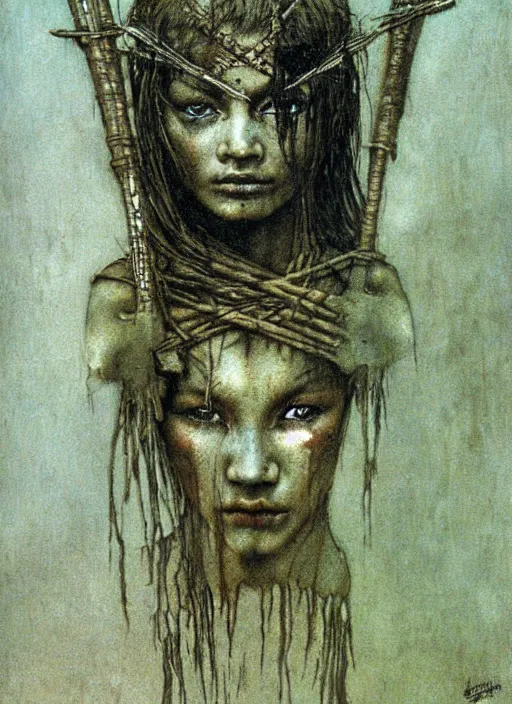 Prompt: barbarian girl in tribal painting by Beksinski and Arthur Rackham