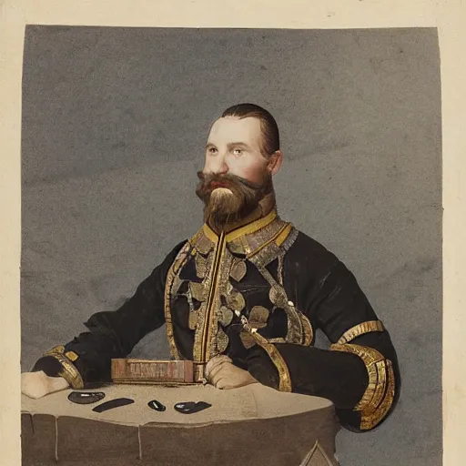 Image similar to Portrait of frustrated and acerbic male Imperial sergeant with a short beard wearing a {black and yellow tabard} over a steel breastplate and a black gambeson with his hands planted on a table with a war theater map, by Greg Rutkowski, {perfect face}, {perfect eyes}, {perfect body}, {hands planted on war table while standing}, fantasy