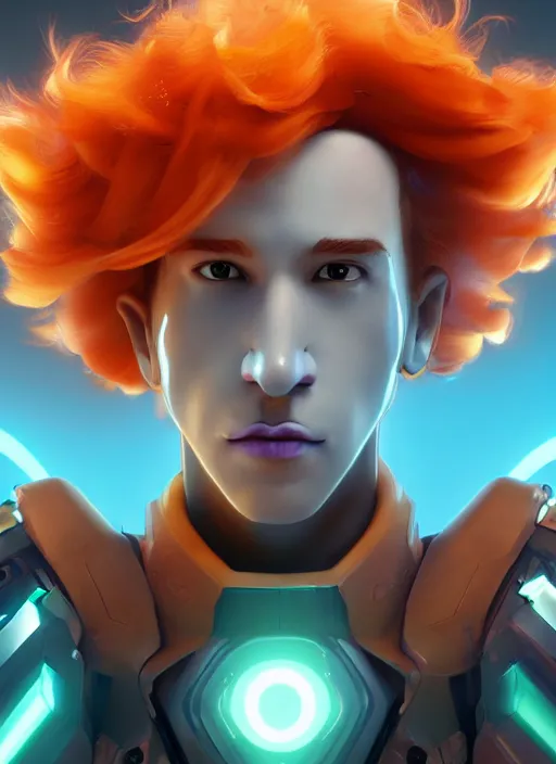 Prompt: glowwave portrait of curly orange hair man from overwatch, made of feathers mist and cloud, au naturel, hyper detailed, digital art, trending in artstation, cinematic lighting, studio quality, smooth render, unreal engine 5 rendered, octane rendered, art style by pixar dreamworks warner bros disney riot games and overwatch.