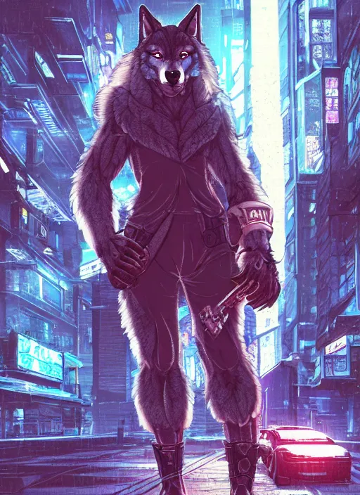 Image similar to character portrait of a muscular male anthro wolf fursona with a tail and a cute beautiful attractive detailed furry face wearing stylish cyberpunk clothes in a cyberpunk city at night while it rains. hidari, color page, tankoban, 4K, tone mapping, Akihiko Yoshida.