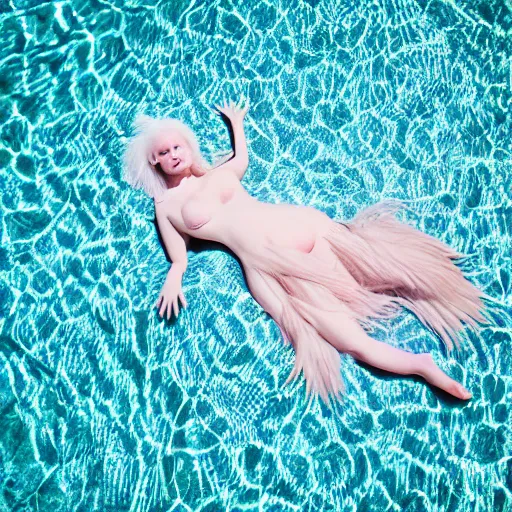 Image similar to cinematic photo of a beautiful albino axolotl woman lit with saturated split colour blue and dusty pink lighting sunbathing by the pool