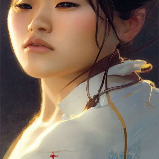 Image similar to A young thai doctor, very detailed face, gorgeous, beautiful, intricate, highly detailed, digital painting, artstation, concept art, sharp focus, illustration, art by greg rutkowski and alphonse mucha