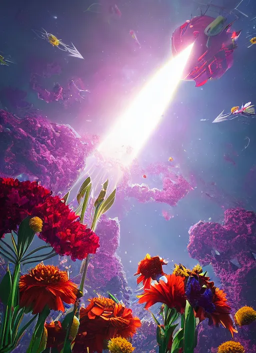 Prompt: An epic fantastic realism comic book style painting of the most beautiful flowers launched into space, bouquets, lens flare, fisheye lens, unreal 5, DAZ, hyperrealistic, octane render, dynamic lighting